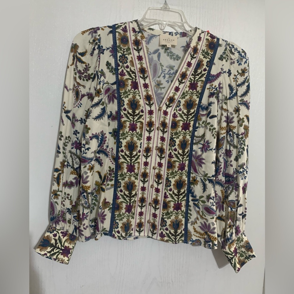Sezane Paris Ecru Floral Print Button Front Blouse